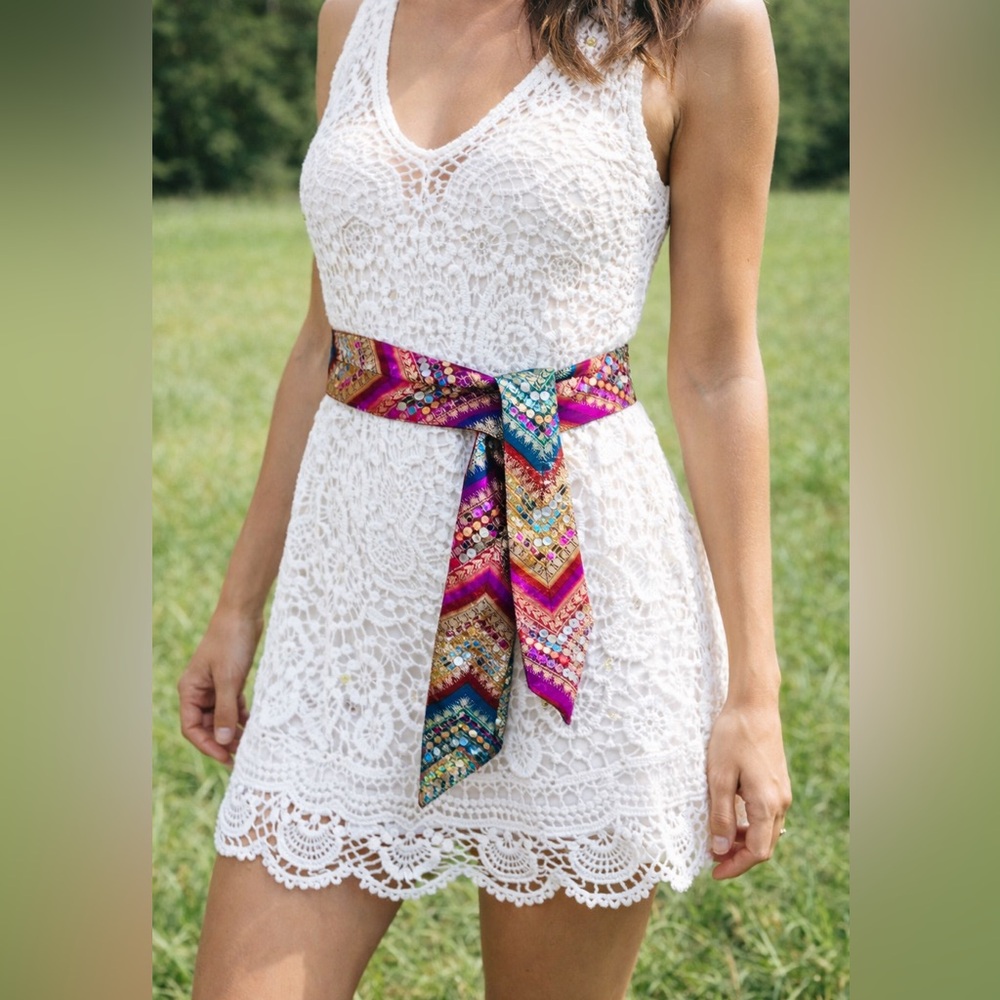 Old Navy Sequin Tapestry Satin Sash Belt Scarf Boho Festival NWOT